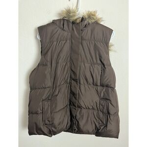 Old Navy Women's Vest XL Puffer Hooded Faux Fur Brown Sleeveless Jacket Coat